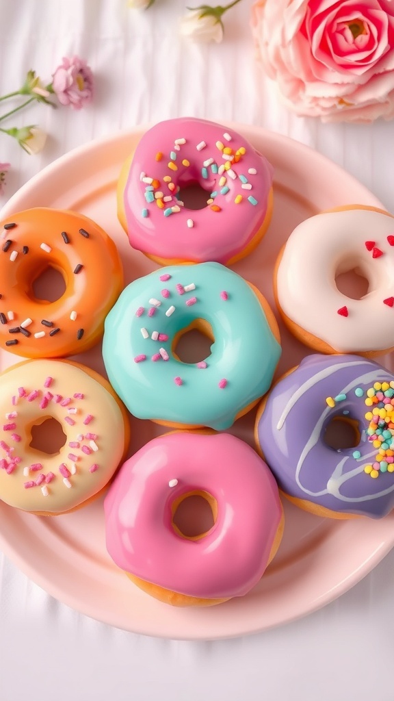 Colorful donuts with various glazes and sprinkles on a pastel plate, set against a light background.